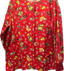 Julius & Friends 100% Cotton XL Scrub Top/Jacket Long Sleeved Pockets Snaps Xmas